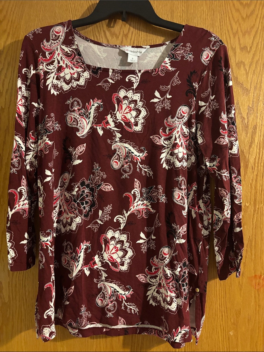 Liz Claiborne, 3/4” sleeves cranberry with paisley print blouse, S